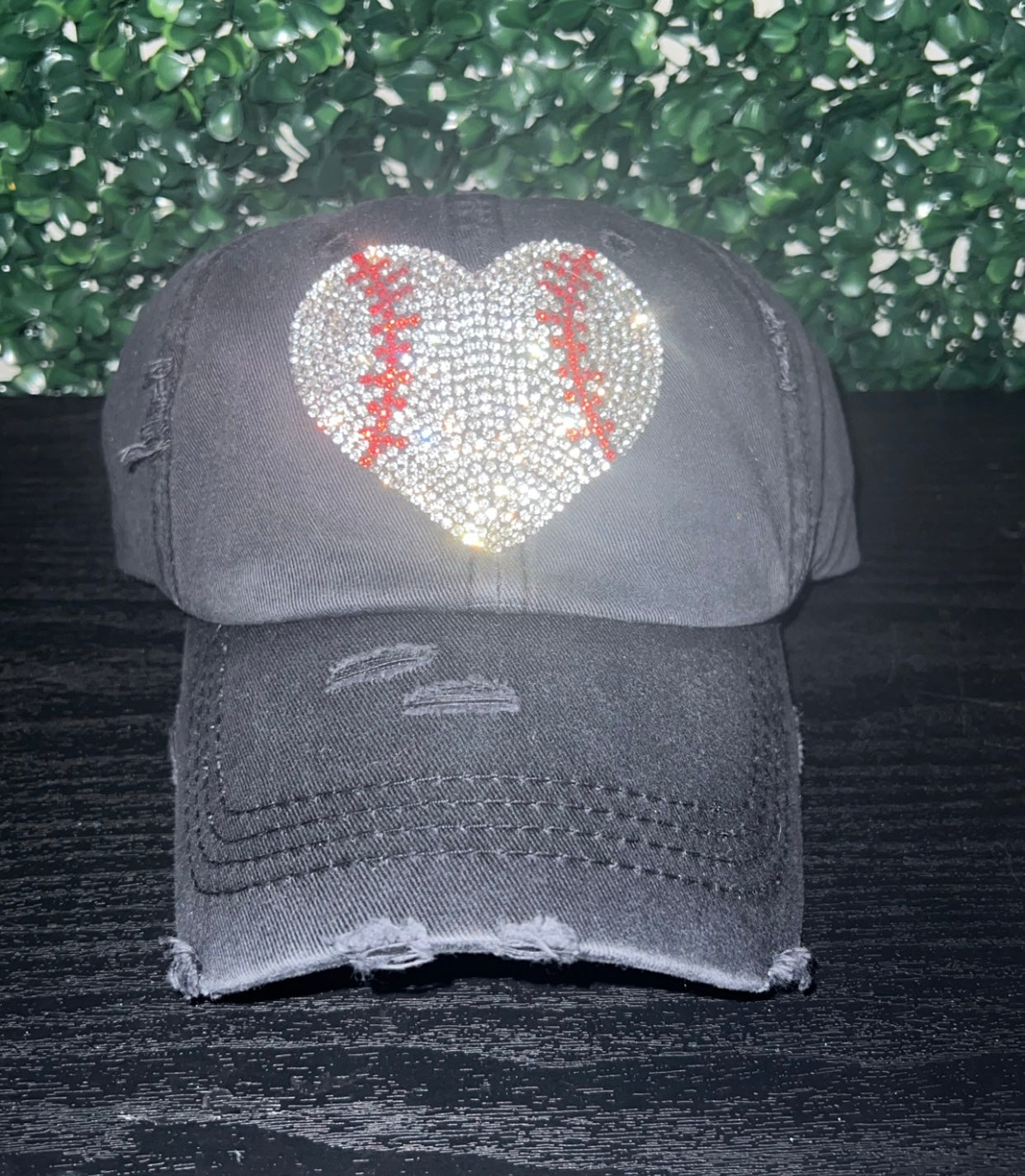 Vintage washed black bling Baseball heart cap!